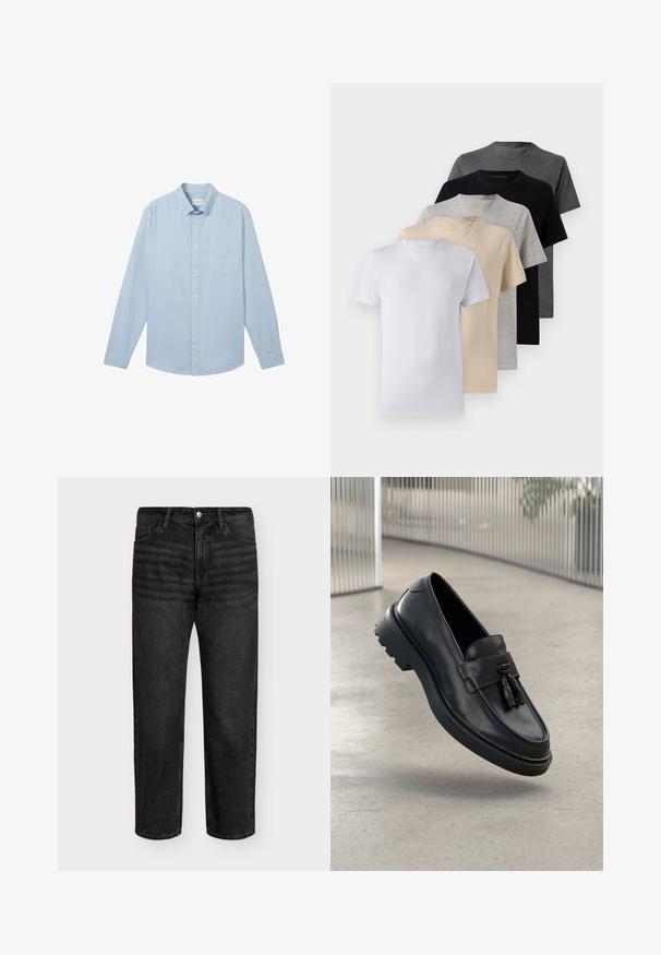 Chemise à manches longues bleu clair fabriquée en tissu avec un motif texturé, dotée d'un col boutonné et d'une poche poitrine simple.; Ensemble de cinq t-shirts à manches courtes en blanc, beige, gris clair, gris foncé et noir. Fabriqués en coton doux, présentant un design à col rond.; Jeans en denim noir avec une coupe droite, présentant une taille mi-haute, cinq poches et une fermeture à bouton en métal. Texture lisse avec des décolorations subtiles.; Mocassins en cuir noir à finition lisse, avec pompon décoratif, semelle en caoutchouc épaisse et détails cousus. Design léger et élégant.