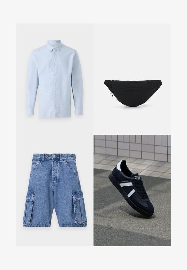 Lichtblauwe langemouwshirt gemaakt van textuurstof, met een button-down kraag en een knoopsluiting aan de voorkant. Klassiek ontwerp met een ontspannen pasvorm.; Blauwe denim cargoshorts met een hoge taille, meerdere cargozakken aan de zijkanten en een klassieke vijf-pocket stijl. Stonewashed textuur.; Zwarte leren sneaker met witte strepen, een gestructureerde rubberen zool en vetersluiting aan de voorkant. Voorzien van een merklabel op de tong.; Zwarte stof heuptas met een afgeronde vorm, voorzak met rits en een gladde textuur. Geen zichtbare patronen of accenten. Lichtgewicht ontwerp.