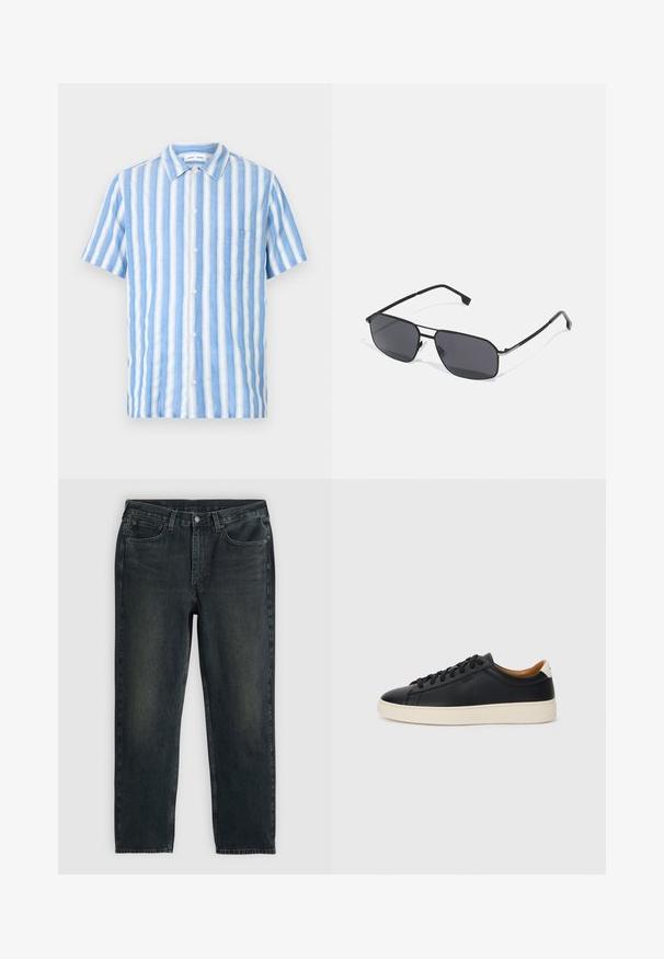 Camicia a maniche corte in blu chiaro e bianco a righe verticali, realizzata in tessuto leggero, con chiusura frontale a bottoni e tasca sul petto.; Jeans in denim nero con taglio dritto, design a cinque tasche e dettagli di sbiadimento sottili. Presentano una chiusura con bottone e cerniera.; Sneakers in pelle nera con una texture liscia, suola in gomma beige, design con lacci e un accento del tacco in contrasto.; Occhiali da sole neri con montatura rettangolare, lenti oscurate e bracci sottili in metallo. Presentano sottili accenti argentati sulla montatura.