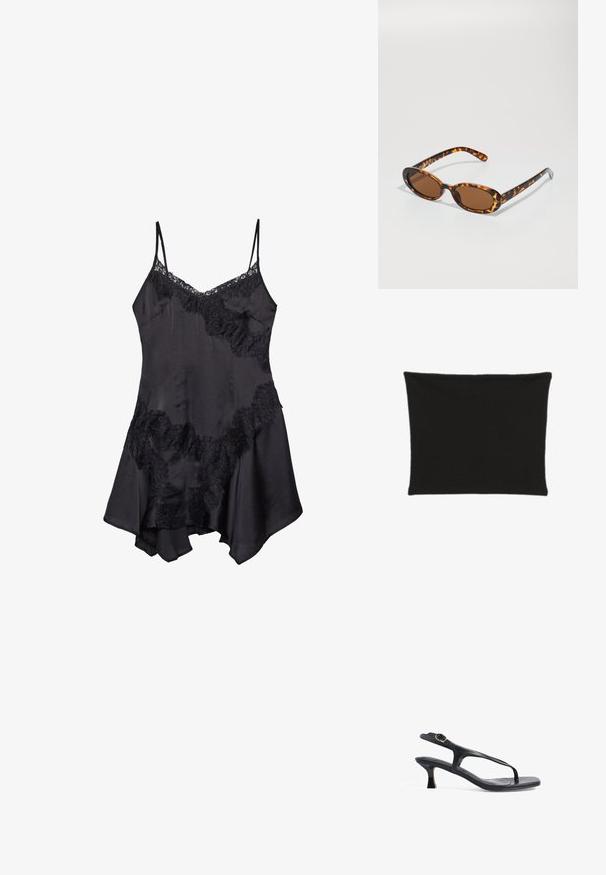 Svart rektangulär kuddöverdrag i tyg med en mjuk yta utan mönster eller dekorationer. Enkelt, minimalistiskt design.; Svart satin slipklänning med spetsdetaljer, som har justerbara spaghettiarmband och en utsvängd nederkant, mjuk textur och dekorativa volanger.; Svart lädersandal med en smal design, tunna remmar och en liten klack. Har en spänneaccent och en slät, texturerad fotbädd.; Sköldpaddsfärgade solglasögon med ovala bågar, bruna linser och smala svarta pärmar med subtila mönsterdetaljer.; Svart texturerad tote-väska med korta handtag, prydd med en guldfärgade lås och detaljer. Designen är strukturerad, med en geometrisk silhuett.