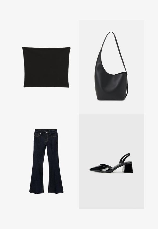 Černý obdélníkový povlak na polštář vyrobený z látky, s hladkou texturou bez vzorů nebo ozdob. Jednoduchý, minimalistický design.; Tmavě modré denimové džíny s vysokým pasem, předními kapsami a rozšířenými nohavicemi, vystavené na bílém pozadí.; Černé lakované kožené lodičky na pásku s špičatou špičkou a geometrickým blokovým podpatkem. Vyznačují se elegantním, minimalistickým designem a hladkým povrchem.; Černá kožená hobo taška s hladkým povrchem, zakřiveným tvarem a jedním nastavitelným popruhem; má široké otevírání nahoře.