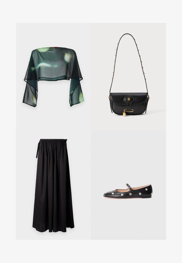 Blusa nera corta e trasparente con maniche a campana fluide e una stampa floreale verde e gialla. Finitura con un bordo nero lungo l'orlo.; Gonna maxi nera con una vita arricciata, caratterizzata da dettagli con lacci e un design fluido realizzato in tessuto morbido. Nessun motivo o accento visibile.; Scarpa flat nera in pelle tipo Mary Jane con punta arrotondata, caratterizzata da borchie circolari argentate e una fascia regolabile con fibbia.; Borsa a tracolla in pelle nera con un design strutturato, dotata di un logo dorato, un accento a forma di lucchetto e una tracolla decorata con catena.