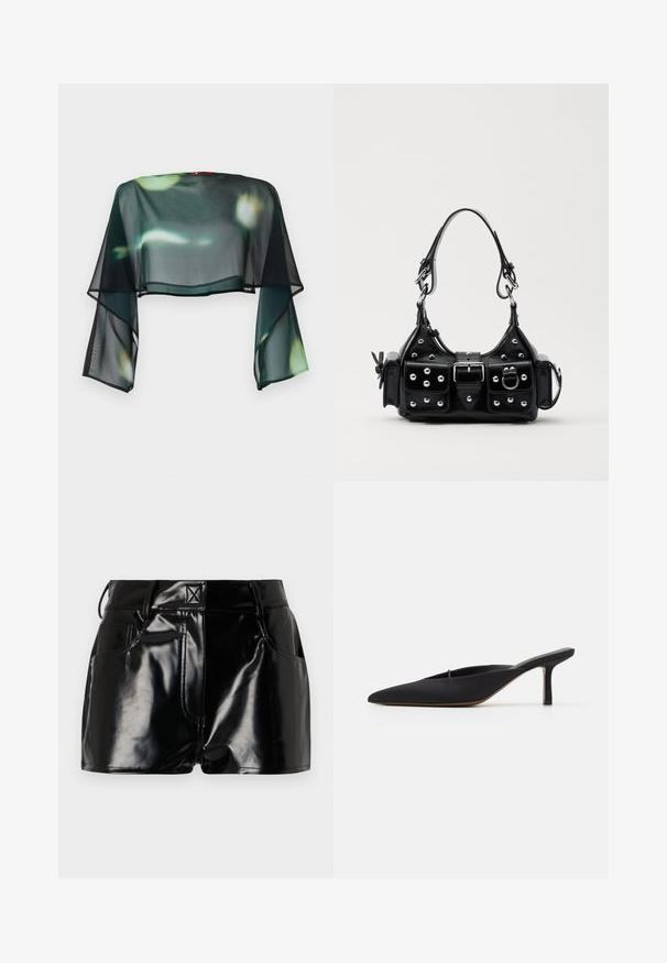 Doorzichtige, cropped zwarte blouse met vloeiende klokkende mouwen en een groene en gele bloemenprint. Afgewerkt met een zwarte rand langs de zoom.; Zwarte, glanzende shorts van synthetisch materiaal. Heeft een aansluitende taille, riemlussen en voorzakken met opvallende stikseldetails.; Zwarte muiltje met spitse neus en een strak ontwerp, gemaakt van gladde stof, met een slanke hak en open achterkant voor gemakkelijk aan- en uittrekken.; Zwarte lederen handtas met een gebogen ontwerp, voorzien van zilveren studs, een gesp en twee zijvakken. Verstelbare schouderband voor verschillende draagmogelijkheden.