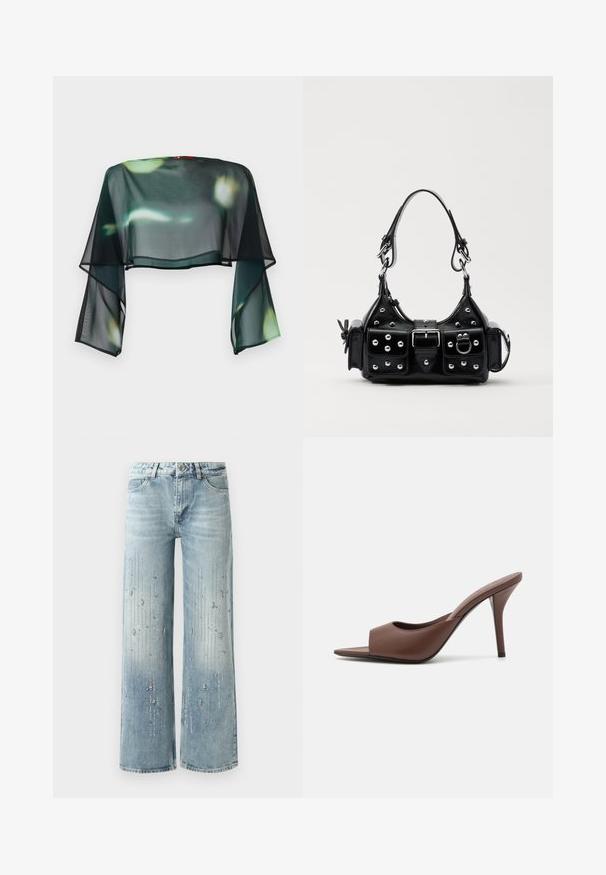 Durchsichtige, kurze schwarze Bluse mit schwingenden Glockenärmeln und einem floralem Muster in Grün und Gelb. Abgerundet mit einem schwarzen Saum.; Hellblaue weite Jeans aus Denim, ausgestattet mit einem Farbverlaufseffekt und Verzierungen aus silbernen Strasssteinen in vertikalem Muster.; Braune Leder-Open-Toe-Hochhackige Mules mit einem eleganten Design, das einen breiten Vorderriemen und einen schlanken Stiletto-Absatz aufweist.; Schwarze Lederhandtasche mit einem geschwungenen Design, verziert mit silbernen Nieten, einer Schnalle und zwei seitlichen Taschen. Verstellbarer Träger für verschiedene Tragemöglichkeiten.
