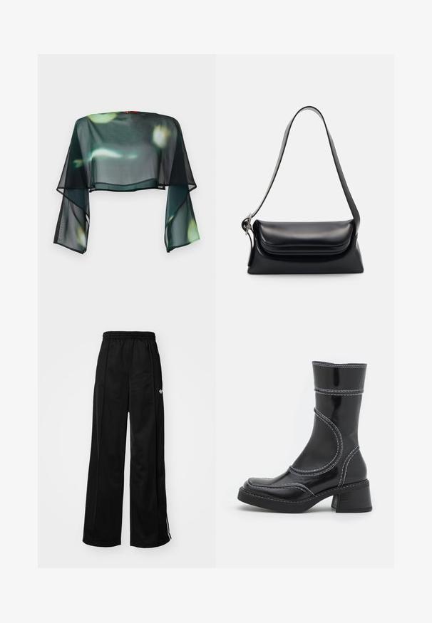 Läbipaistev, lühike must blusš voolavate kellukese varrukatega, millel on lilleline roheline ja kollane muster. Viimistletud musta äärega all ääres.; Mustad laiad spordipüksid elastse vöökohtaga, millel on valged külgtriibud ja väike logo vasakul puusal. Sile kangateksam.; Must must pikkade säärega, musta lakknahast jalats, valgete õmblustega, ümarate varvaste ja plokk-kandadega. Omab kõveraid disainijoontesid ja siledat pindmääret.; Mustriga musta nahast käekott, millel on struktuurne kuju, sile tekstuur ja üks õlarihm. Omab peent, ümarat klappi.