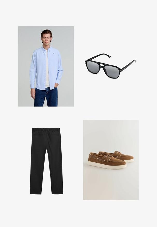 Jasnoniebieska koszula z długim rękawem wykonana z bawełny, z małym czarnym logo czaszki na piersi, w połączeniu z niebieskimi dżinsami.; Czarne legginsy z elastycznym paskiem, dwiema tylnymi kieszeniami i luźnym krojem. Gładka faktura materiału i prosty krój nogawki.; Brązowe zamszowe buty z białą gumową podeszwą, zawiązywane, z metalowymi oczkami i kontrastowym przeszyciem wzdłuż krawędzi.; Czarne okulary przeciwsłoneczne z prostokątnymi oprawkami, szarymi soczewkami i wycięciem w mostku. Gładki, błyszczący materiał plastikowy, z wąskimi zausznikami.