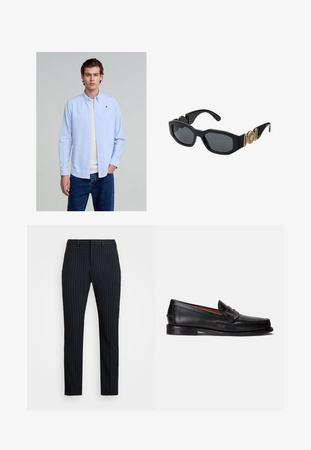 Jasnoniebieska koszula z długim rękawem wykonana z bawełny, z małym czarnym logo czaszki na piersi, w połączeniu z niebieskimi dżinsami.; Granatowe spodnie w prążki o dopasowanym kroju, z płaskim przodem, szlufkami na pasek i gładką fakturą. Dopasowany fason z czystym wykończeniem.; Czarne skórzane mokasyny z gładkim wykończeniem, zaokrąglonym noskiem i ozdobnym paskiem na cholewce. Posiadają niską czarną podeszwę.; Czarne okulary przeciwsłoneczne z masywną, geometryczną ramką, ciemnymi soczewkami i złotymi metalowymi akcentami na zausznikach, z okrąłym detalem herbu.
