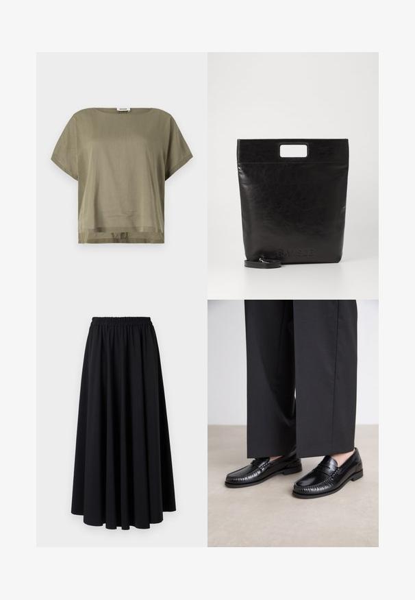 Olive green, short-sleeve top made of lightweight fabric, featuring a loose fit and a straight hem. Minimalistic design with rounded neckline.; Black, floor-length skirt made of soft fabric with a wide, gathered elastic waistband and smooth, flowing design. No patterns or accents.; Black leather loafers with a smooth finish, stitched detailing around the toe, and a low rubber sole. Paired with wide black trousers.; Black leather tote bag with a square handle, featuring a textured finish and embossed logo. Includes a detachable strap.