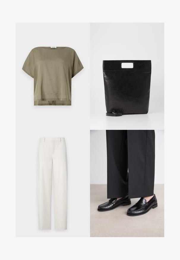Oliven grøn, kortærmet top lavet af letvægtsstof, med en løs pasform og lige kant. Minimalistisk design med rund halsudskæring.; Lys beige bukser lavet af et glat stof, med en lige pasform, flad front, bæltestropper og sidelommer.; Sorte læder loafers med en glat finish, syet detaljering omkring tæerne og en lav gummisål. Sammen med brede sorte bukser.; Sort læder tote bag med et firkantet håndtag, der har en tekstureret overflade og prægede logo. Indeholder en aftagelig rem.