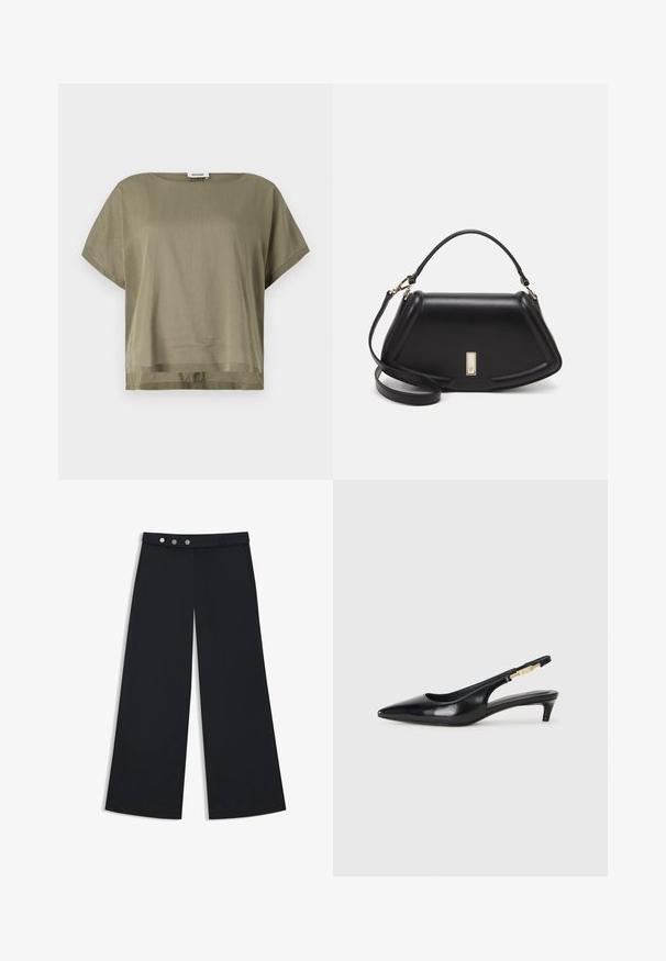 Oliivivihreä, lyhythihainen paita, joka on valmistettu kevyestä kankaasta. Rento malli ja suora helma. Minimalistinen muotoilu, jossa on pyöreä pääntie.; Mustat leveälahkeiset housut, joissa on sileä pinta, tasainen vyötärö, kaksoispainike suljenta ja sivutaskut.; Mustat nahkaiset slingback-korkokengät, joissa on terävä kärki, ohuet korot ja kultasävytteinen yksityiskohta säädettävässä hihnassa. Silkkinen pinta.; Mustalla nahkalaukulla, jossa on jämäkkä muotoilu, lyhyt malli, yläkahva ja kultaiset yksityiskohdat. Säädettävä olkahihna sisältyy.