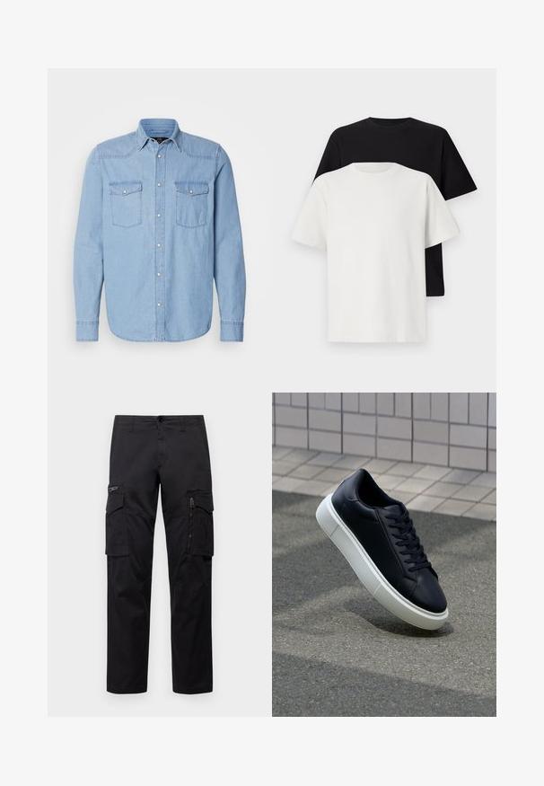 Hellblaues Jeanshemd mit langen Ärmeln, zwei Brusttaschen, durchgehender Knopfleiste und einem klassischen Kragen mit weißen Steppnähten.; Baumwoll-T-Shirt-Set bestehend aus einem schwarzen Oberteil und einem weißen Oberteil, beide mit kurzen Ärmeln, Rundhalsausschnitt und normaler Passform. Texturiert.; Schwarze Cargo-Hosen mit mehreren Taschen, einer Reißverschlusstasche am Oberschenkel, geradem Schnitt und strapazierfähigem Baumwollstoff mit leichtem Glanz.; Schwarze Leder-Sneaker mit runder Zehenpartie und weißer Gummisohle. Verfügt über flache Schnürsenkel und minimale Nähte im Obermaterial. Strukturiertes Sohlenprofil für besseren Halt.