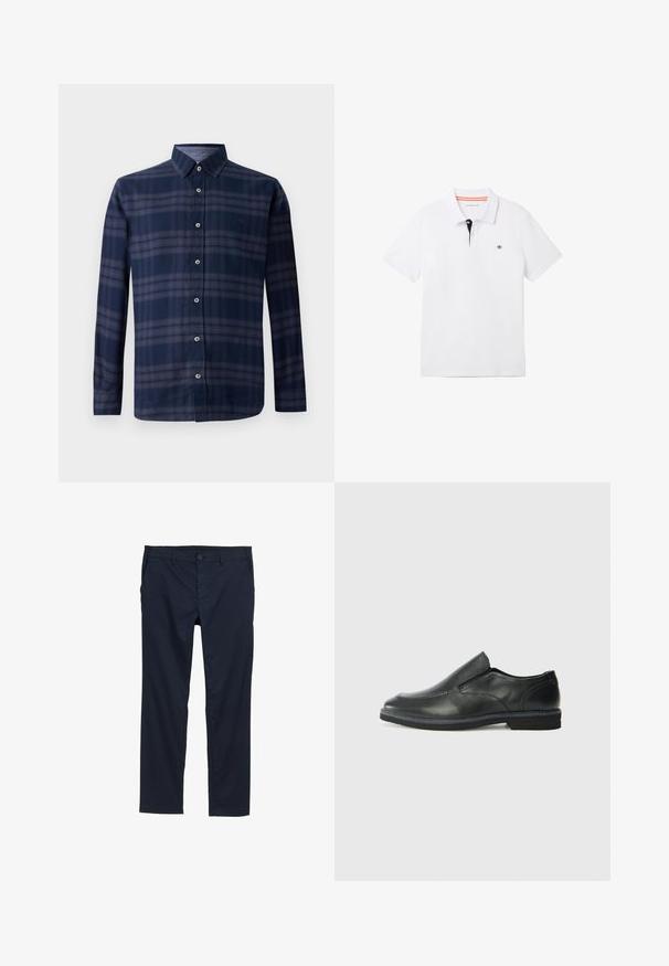 Ilga rankovė mėlynos ir raudonos dėmėtai marškiniai su sagomis priekyje ir smailiu apykakle, pavaizduoti prieš baltą foną.; Balta polo marškinėliai su juodu apykakle ir oranžinėmis detalėmis, trumpomis rankovėmis ir maža logotipu ant krūtinės. Pagaminti iš kvėpuojančios medvilnės mišinio.; Jūržydros mėlynos spalvos lengvi kelnių modeliai su lygiu paviršiumi, tiesiomis kojų linijomis, sagčių uždarymu ir šoninėmis kišenėmis.; Juodai odiniai įtvirtinimo batai su lygiu paviršiumi, siuvinėjimo akcentais, apvalia nosimi ir žemu guminiu kulnu. Pado raštas minimalus.