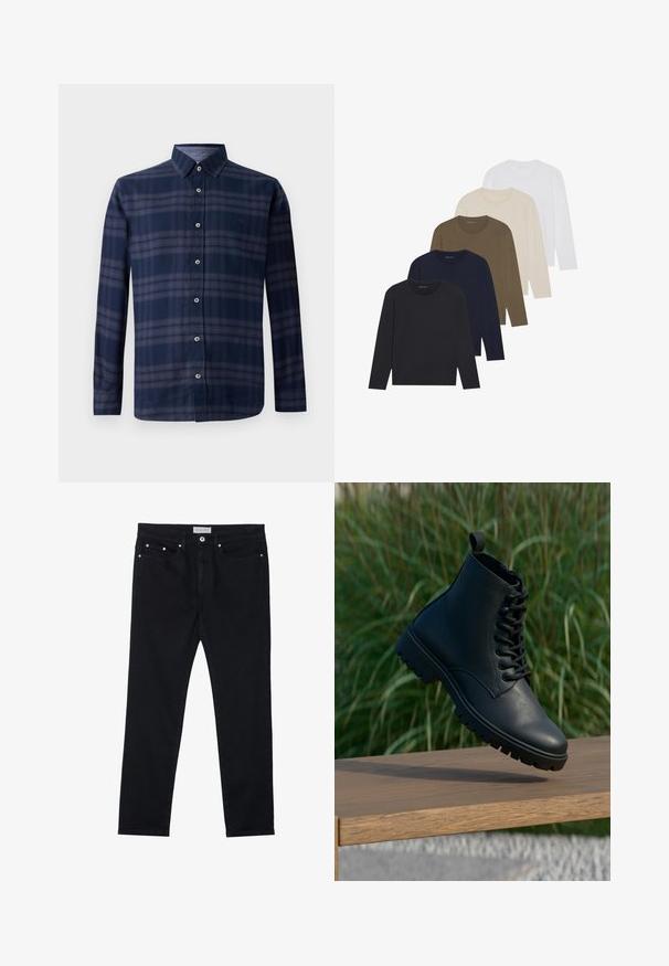 Camisa de manga longa xadrez azul-marinho com frente abotoada e colarinho pontiagudo, exibida contra um fundo branco.; Cinco camisas de manga longa numa gradação de cores: azul escuro, azul marinho, verde-azeitona, bege e branco. Cada uma tem um decote redondo e uma textura suave.; Jeans de ganga pretos com design de perna reta, cinco bolsos, rebites metálicos e fecho de botão. Textura suave com ligeira elasticidade.; Bota de tornozelo preta feita de couro liso. Apresenta um design com atacadores, bico redondo e sola robusta com um padrão de ranhura proeminente. Pequeno puxador no calcanhar.