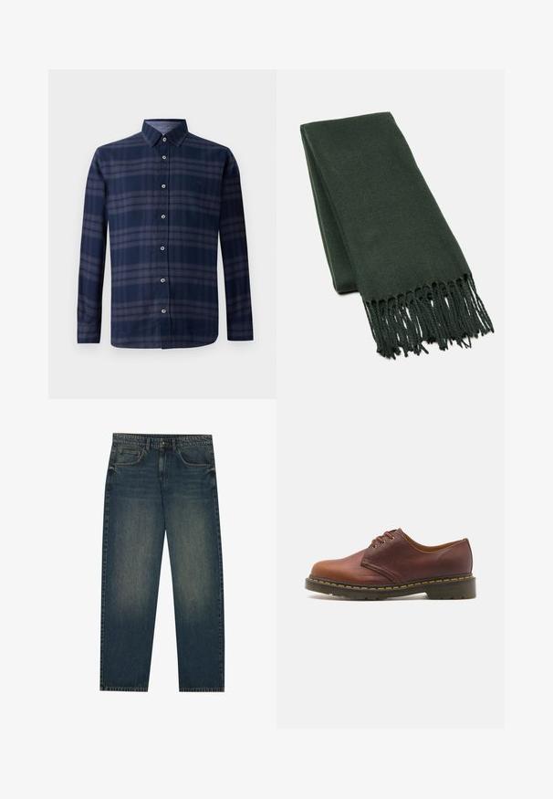 Pitkähihainen tummansininen ruudullinen paita, jossa on nappikiinnitys ja terävä kaulus, esitelty valkoista taustaa vasten.; Tanssikankaiset tummansiniset farkut suoralinjaisella leikkauksella, viisi taskua, ja kevyesti kuluneet sääret. Sopii arkivaatteeksi.; Ruskeat nahkakengät, joissa on sileä pinta, pyöreä varvas ja viisi reikää nauhoitusta varten. Kengissä on keltainen ommel pohjan ympäri ja teksturoidut korot.; Tumma vihreä huivi pehmeästä kankaasta, jossa on puhdas muotoilu ja hapsulliset reunat, jotka lisäävät tekstuuria.; Ruskea nahkainen viestintälaatikko, jossa on litteä etuläppä, kaksi remmiä, kultaiset yksityiskohdat ja säädettävä olkahihna.