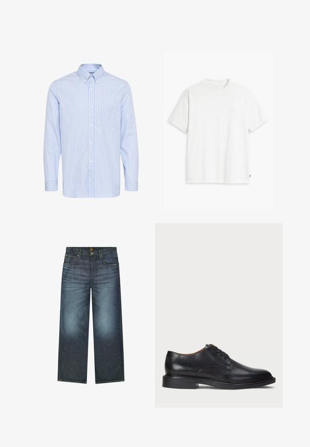 Camisa de botones de manga larga azul claro con rayas verticales blancas y un bolsillo en el pecho. Cuenta con un cuello clásico y puños con botón.; Camiseta de algodón blanca con mangas cortas, cuello redondo y sutil logo de Levi's impreso en el centro. Textura suave y ajuste estándar.; Jeans de corte ancho en azul oscuro, fabricados en denim, que cuentan con cinco bolsillos, costuras en contraste y un cierre de botón en la cintura.; Zapato de vestir de cuero negro con punta redonda, diseño con cordones y un tacón bajo apilado. Textura lisa con detalles de costura mínimos.