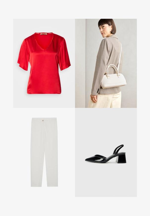 Top de cetim vermelho com decote em V e mangas curtas, ligeiramente evasê. O tecido tem uma textura suave e um acabamento brilhante.; Calças brancas, ajustadas, com um design de perna reta, apresentando um fecho de botão, passantes para cinto e bolsos laterais; textura de tecido suave.; Sandy em verniz preto com salto slingback, ponta afilada e salto geométrico. Apresenta um design elegante e minimalista com textura suave.; Bolsa estruturada branca com alças curtas e uma alça de ombro, com detalhes em hardware dourado e material texturizado, exibida contra um fundo cinza.