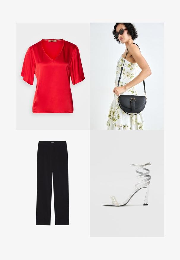 Raudonas satino viršus su V formos iškirpte ir trumpomis, šiek tiek išplatintomis rankovėmis. Audinys yra lygus ir blizgus.; Juodi švelnūs štrichiniai džinsai su tiesiu kirpimu, plokščiu liemeniu ir be matomų kišenių, su glotnia tekstūra ir vertikaliu briaunavimu.; Sidabrinė aukšto kulno sandalai su blizgiu diržo dizainu, featuring perlo panašus akcentas ir spiralinė kulkšnies dirželis saugiam prisitaikymui.; Juodas odinis krepšys su išlenkta forma, nuimamu dirželiu ir auksiniais detalėmis. Krepšys turi kilpą su sagtimi.