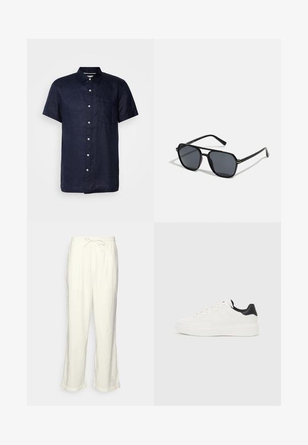 Short-sleeve navy linen shirt with a button-down collar, front pocket, and white buttons, featuring a textured fabric and straight hem.; Linen trousers in off-white with a drawstring waistband, slightly wide legs, and rolled cuffs for a relaxed fit. No pockets.; White leather sneaker with embossed pattern, textured white midsole, and black heel accent. Features rounded toe and flat laces.; Black sunglases with octagonal frame, dark lenses, glossy finish, thin temples, and gold accents on the front.