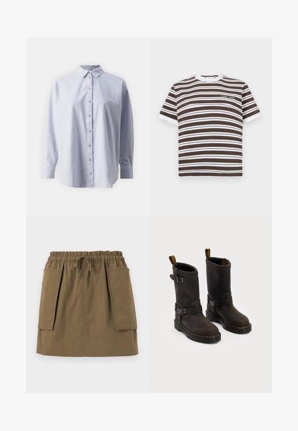 Gestreiftes blau-weißes Hemd mit Kragen, lockerer Passform und langen Ärmeln. Verfügt über eine Knopfleiste vorne und umgeschlagene Ärmel.; Braun-weiße gestreifte Kurzarm-T-Shirt mit Rundhalsausschnitt und kleinem Logo auf der Brust. Hergestellt aus weichem Baumwollmaterial.; Olivgrüner, knielanger Rock mit elastischem Bund, Kordelzug und zwei großen Seitentaschen. Hergestellt aus leichtem Stoff mit sichtbaren Nähten.; Dunkelbraune Lederstiefel mit einem Design bis zur Mitte der Wade, gelben Nähten, verstellbaren Schnallenriemen und Zuglaschen oben. Strukturierte Oberfläche.
