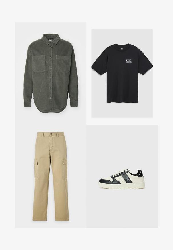 Cămășă verde din catifea cu butoni în față, guler ascuțit, două buzunare pe piept și mâneci lungi cu mansete cu butoni, având un tiv drept.; Tricou negru din bumbac, cu mâneci scurte, guler rotund și o mică imprimare albă pe piept, având un design stilizat.; Pantaloni cargo bej din bumbac, cu două buzunare laterale, închidere cu nasture și picioare drepte dintr-un material ușor texturat.; Tenisi din piele cu un scheme de culori negru și crem, dotati cu accente perforate, guler căptușit și o talpă texturată.