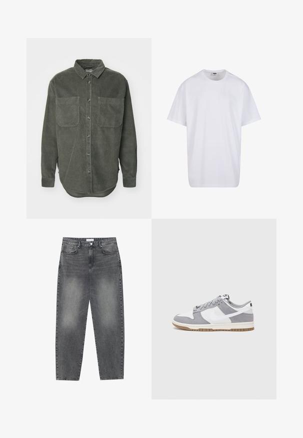 Grünes Cordhemd mit durchgehender Knopfleiste, spitzem Kragen, zwei Brusttaschen und langen Ärmeln mit knöpfbaren Manschetten, mit geradem Saum.; Weiße Baumwoll-T-Shirt mit kurzen Ärmeln, rundem Ausschnitt, lockerer Passform und ohne sichtbare Logos oder Muster. Glatte Textur und minimalistisches Design.; Hoch taillierte, locker sitzende Jeans aus verwaschenem schwarzem Denim. Verfügt über fünf Taschen, Gürtelschlaufen und ein sauberes, gerades Bein-Design.; Graue und weiße Sneaker mit einem Obermaterial aus Wildleder und Leder, abgerundeter Spitze, flachen Schnürsenkeln und einer Gummisohle mit einem Kautschukakzent.