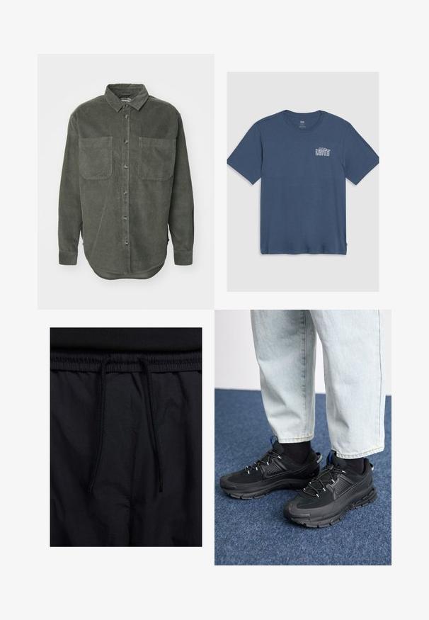 Camicia in corduroy verde con chiusura a bottoni, colletto a punta, due tasche sul petto e maniche lunghe con polsini abbottonati, caratterizzata da un orlo dritto.; T-shirt in cotone blu con collo a giro e maniche corte. Un logo "Levi's" bianco è stampato sulla parte sinistra del petto. Design semplice.; Shorts neri con vita regolabile tramite coulisse, tessuto leggero con una texture liscia e un design semplice senza loghi o motivi visibili.; Scarpe sportive nere con tessuto testurizzato e suole in gomma, dotate di lacci elastici e un accento blu sul tallone. Indossate con pantaloni in denim chiaro.