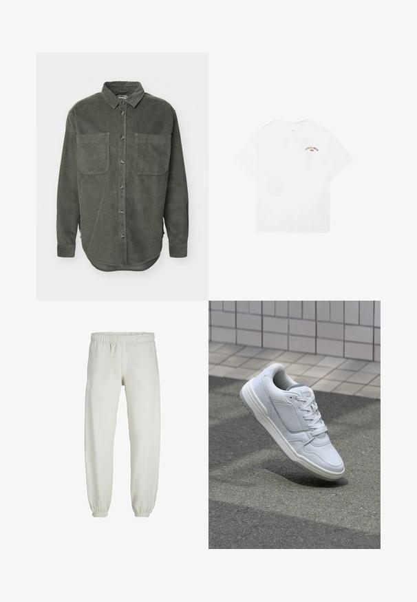 Grön kordflöjelskjorta med knappstängning fram, spetsig krage, två bröstfickor och långa ärmar med knäppningar, med en rak nederkant.; Vit bomullströja med korta ärmar, rund halsringning och en liten grafik med texten "LA VILLE LUMIÈRE" i svart och röd på den övre delen av ryggen.; Vita sweatpants gjorda av mjukt tyg, med elastisk midja och muddar, samt en slät textur och lös passform.; Vit lädersneaker med perforerade sidor, texturerade accenter, plana snören och en kontrasterande grå häl. Har en något upphöjd sula.