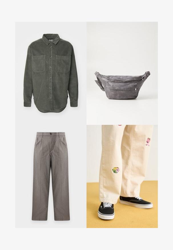 Grünes Cordhemd mit durchgehender Knopfleiste, spitzem Kragen, zwei Brusttaschen und langen Ärmeln mit knöpfbaren Manschetten, mit geradem Saum.; Grau Hahnentrittmuster-Hosen mit geradem Bein, ausgestattet mitFalten, einem Bund mit Knopfverschluss und Seitentaschen.; Beige Baumwollhosen mit verspielten, gestickten Motiven, darunter eine pinke Figur und bunte Blöcke, kombiniert mit schwarzen Schnürsneakern.; Graue Wildleder-Gürteltasche mit runder Form, zwei mit Reißverschluss verschlossenen Fächern und verstellbarem Trageriemen. Mit metallischen Hardware-Akzenten.