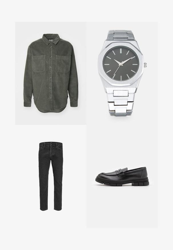 Chemise en velours côtelé vert avec une fermeture à boutons, col pointu, deux poches poitrine et manches longues avec poignets à boutons, présentant un ourlet droit.; Jean en denim noir avec une coupe droite, cinq poches et passants de ceinture, présentant une texture légèrement délavée et des coutures contrastées.; Mocassins en cuir noir avec une finition lisse, présentant un détail de sangle à l'avant et une semelle en caoutchouc épaisse avec des accents striés.; Montre analogique argentée avec un boîtier octogonal, un cadran gris, des index de heures argentés et un bracelet en acier inoxydable. Design minimaliste avec texture lisse.