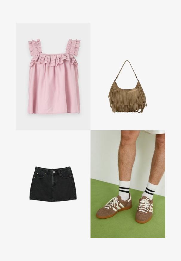 Roza brezrokavnica z nabranimi naramnicami in nabranim ovratnikom. Narejena je iz lahkega materiala in ima ohlapen, tekoč kroj.; Črna denim mini krila z gumbi spredaj, zankami za pas in dvema sprednjima žeparjema s bakrenimi zakovicami, položena na belo ozadje.; Rjavi semiš športni čevlji z belimi detajli in vezalkami. Gumijast podplat. Nošeni z belimi nogavicami z črnimi črtami. Zelena teksturirana talna obloga.; Rjava zamskasta torbica z dolgimi resicami, ukrivljenim oblikovanjem in enim naramnim trakom. Ima gladko, teksturirano površino.