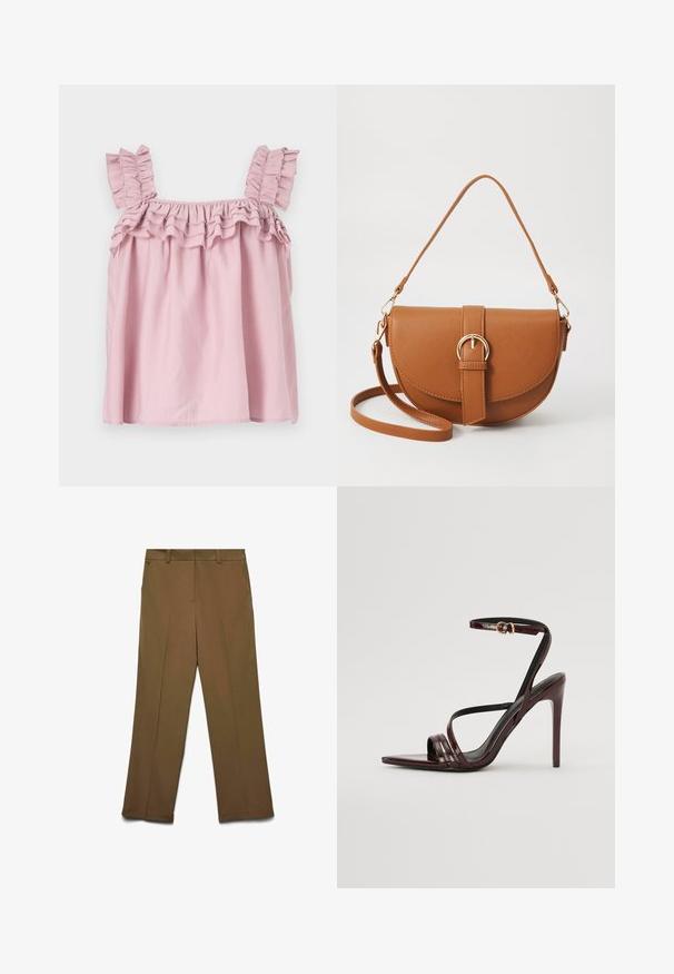 Rožinė be rankovių palaidinė su raukšlėmis ant pečių ir sukauptu dekolte. Pagaminta iš lengvos medžiagos, turi laisvą, pūsto silueto formą.; Rudos, plačios kojos kelnes, pasižyminčios glotnia tekstūra, diržo kilpomis ir šoninėmis kišenėmis, su pritaikyta forma ir tvarkingomis linijomis.; Burgundiško lakinės odos aukštakulniai sandalai su kulkšnies dirželiu, smailiu priekiniu kraštu ir trimis horizontaliomis juostelėmis per pėdą. Auksinės spalvos sagties detalė.; Ruda odinė kryžminė rankinė, turinti kreivą formą, auksinius metalinius elementus ir sagtį. Yra nuimama petneša.