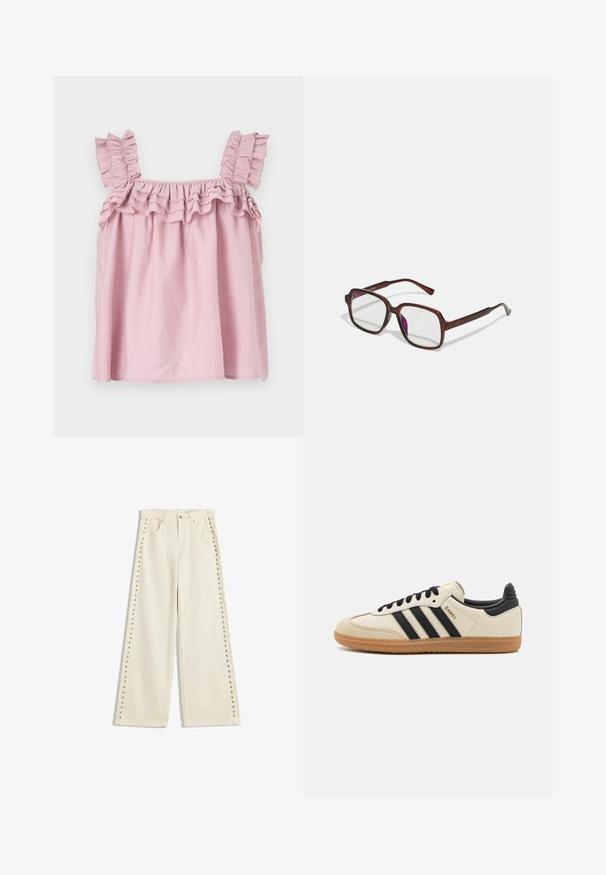 Różowa bluzka bez rękawów z falbaniastymi ramiączkami i marszczonym dekoltem. Wykonana z lekkiego materiału, o luźnym, swobodnym kroju.; Jasno kremowe dżinsy o szerokich nogawkach z metalowymi wstawkami wzdłuż zewnętrznych szwów, pięcioma kieszeniami oraz standardowym zapięciem na guzik.; Beżowe buty sportowe z czarnymi paskami, gumową podeszwą i czarnymi akcentami. Posiadają górną część z gładkiej skóry oraz okrągły kształt noska.; Brązowe, prostokątne okulary z przezroczystymi soczewkami i fioletowymi odcieniami. Gładka plastikowa oprawka z prostymi zausznikami i subtelnymi detalami.