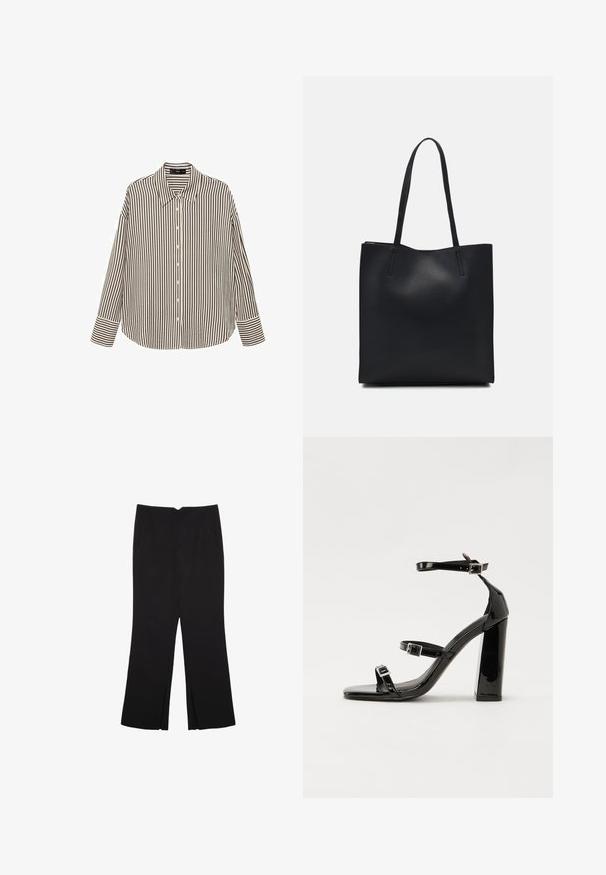 Raidallinen napillinen paita vaaleassa kermanvärissä ja mustassa, jossa on kaulus, pitkät hihat ja rento istuvuus suoran helman kanssa.; Mustat housut suoralinjaisella leikkauksella, joissa on etutaskut ja sivurei'ät helman alla. Valmistettu pehmeästä ja sileästä kankaasta. Sopii eri tilaisuuksiin.; Musta kiiltävä korkokenkä sandaalit neliönmuotoisella varpaalla, nilkkaremmillä ja hopeisilla soljilla. Varustettu tukevalla lohkokorkealla vakauden takaamiseksi.; Mustapahkainen kangaskassi, jossa on sileä pinta, suorakaiteen muotoinen ja kaksi pitkää kahvaa. Ei näkyvää metalliosaa tai koristeita.