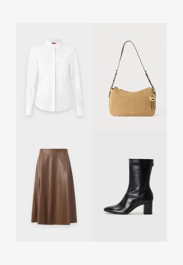Chemise blanche à manches longues avec col pointu, patte de boutonnage dissimulée et coupe ajustée sur fond uni.; Jupe A-line en cuir marron avec une texture lisse et un ourlet mi-long. Présente une taille ajustée et une légère évasement depuis les hanches.; Bottine en cuir noir avec un bout pointu et un talon carré de 4 cm. Design élégant avec une fermeture éclair sur le côté pour un enfilage facile. Texture lisse.; Sac à épaule en suède beige avec une forme courbée, quincaillerie dorée et fermeture éclair. Possède un charm attaché avec les initiales "MK".