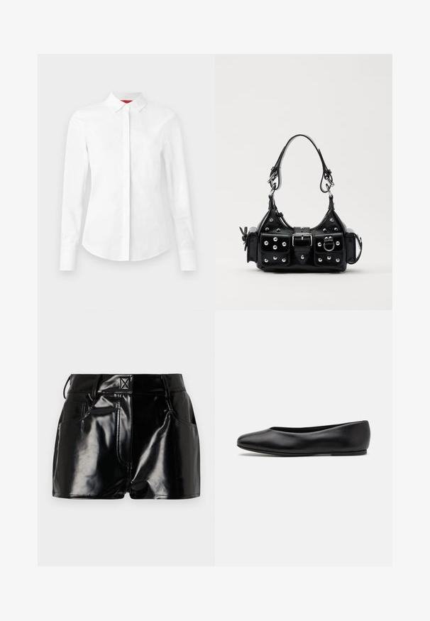 White long-sleeve button-up shirt with a pointed collar, concealed button placket, and tailored fit on a plain background.; Black, glossy shorts made of synthetic material. Features a fitted waist, belt loops, and front pockets with prominent stitching details.; Paul Smith TOPANGA - Ballet pumps - black; Black leather handbag with a curved design, featuring silver studs, a buckle, and two side pockets. Adjustable strap for carrying options.
