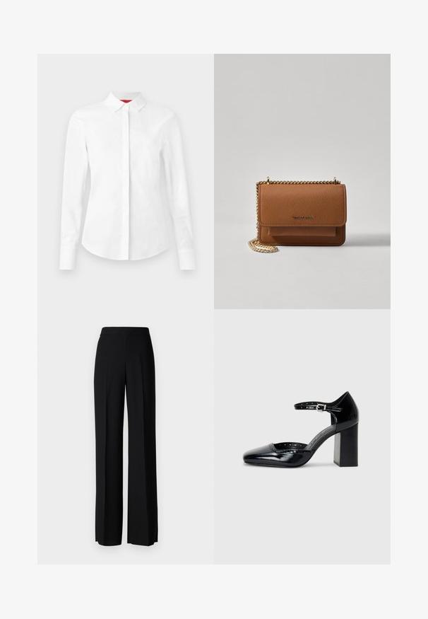 Vit långärmad skjorta med knappar, spetsig krage, dold knapplist och skräddarsydd passform på en neutral bakgrund.; Svarta vida byxor med en slät textur, med hög midja och centrala veck. Inga synliga mönster eller hårdvarudetaljer.; Svarta lackläders högklackade skor med fyrkantig tå, ankelrem och kraftig klack. Inkluderar perforerad detaljering längs kanten.; Brun texturerad läder crossbody-väska med guldkedja och klaffstängning. Framsidan har logotypdetalj och en ficka under klaffen.