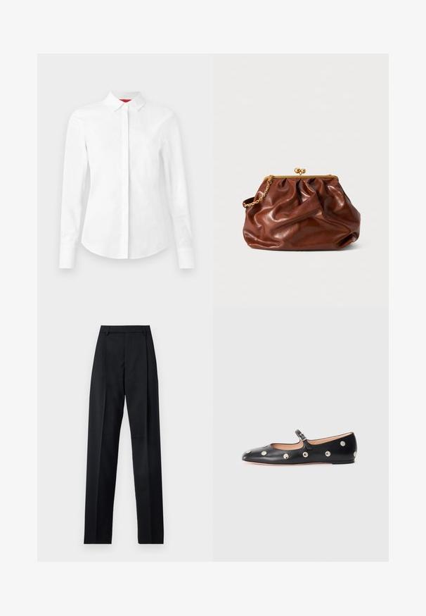 White long-sleeve button-up shirt with a pointed collar, concealed button placket, and tailored fit on a plain background.; Black trousers made from smooth fabric featuring a high waist, wide legs, front pleats, and classic belt loops. No side pockets visible.; Black leather Mary Jane flat shoe with a rounded toe, featuring silver circular studs and an adjustable strap with a buckle.; Brown leather clutch bag with gold clasp frame and short gold chain handle, featuring a soft, gathered texture on a white background.