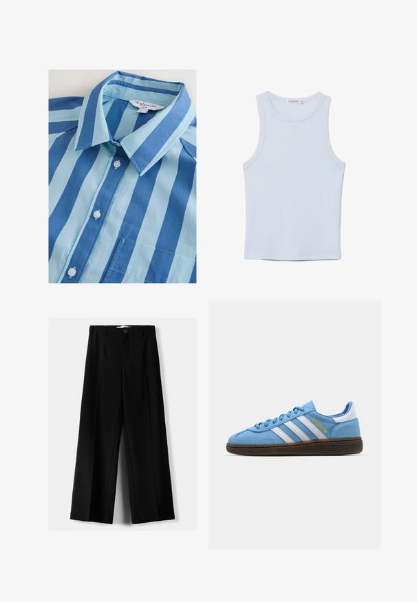 Niebieska i jasnoniebieska w paski koszula zapinana na guziki z kołnierzykiem, sześcioma guzikami i kieszonką na piersi, wykonana z gładkiego materiału.; Jasnoniebieski, bezrękawnik wykonany z miękkiej bawełny. Posiada okrągły dekolt i gładkie krawędzie, bez widocznych wzorów ani akcentów.; Czarne spodnie szerokie, wykonane z lekkiego materiału, z zapięciem na guzik z przodu i gładkim przodem, z starannie wykończonymi brzegami.; Jasnoniebieskie zamszowe trampki z białymi skórzanymi paskami, brązową teksturowaną podeszwą i złotym logo. Niskoprofilowy design z zaokrąglonym czubkiem.