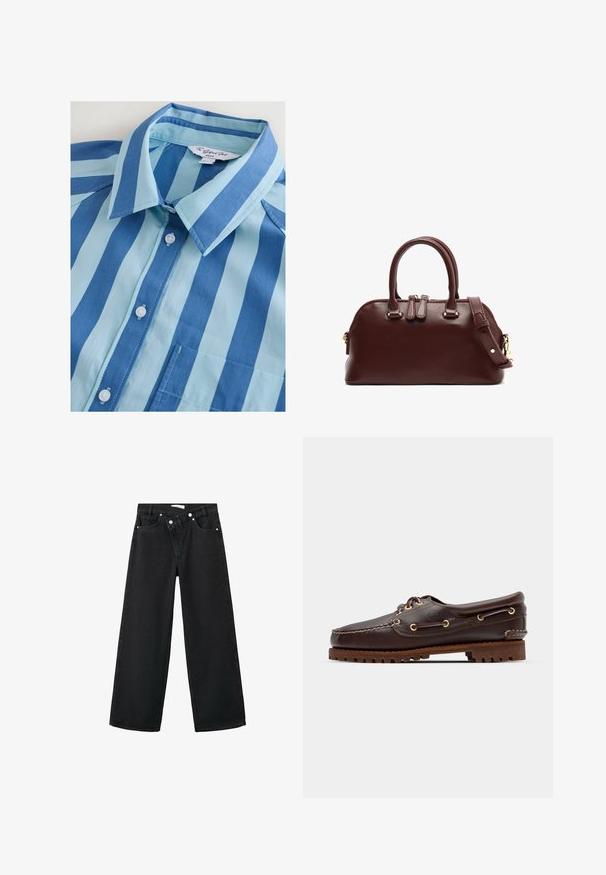 Blue and light blue striped button-up shirt with a collar, six buttons, and a chest pocket, made from smooth fabric.; High-waisted black denim jeans with a wide-leg design, five-pocket style, and silver metal hardware on the front for closure.; Brown leather boat shoe with gold eyelets, round laces, and a textured brown rubber sole. Features stitched detailing and a raised logo.; Burgundy leather handbag with dual top handles, removable shoulder strap, gold hardware accents, and a rounded shape. Zipper closure.