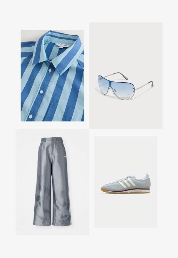 Kék és világoskék csíkos, galléros, gombos ing, hat gombbal és egy zsebből áll, sima anyagból készült.; Fényes szürke anyagú, bőszárú nadrág, fehér oldalsávokkal és lángmintával az alsó lábakon. Gombos és cipzáras záródás a deréknál.; Világoskék velúr sneaker fehér három csíkkal, gumitalppal és texturált hálós anyaggal. Jellemzője a sima orr-rész és a logó a saroknál.; Pilóta napszemüveg, melynek áttetsző kék lencséje, ezüst fém kerete és díszes csillag díszítések találhatók a lencsén. Simogató és elegáns dizájn.