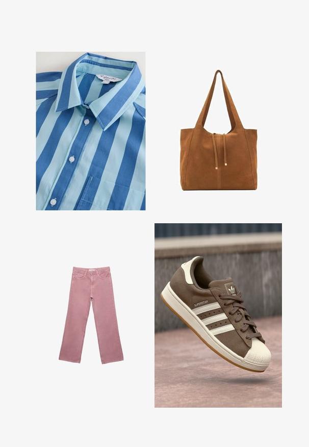 Blauw en lichtblauw gestreept overhemd met een kraag, zes knopen en een borstzak, gemaakt van gladde stof.; Roze wijde-spijkerbroek van denim, met een hoge taille, voorzakken en subtiele stikdetails. Soepele textuur zonder patronen.; Bruine suède sneakers met witte strepen, crème accenten en een rubberen shellneus. Voorzien van een vetersluiting en een textuur van gumzool.; Bruine suède schoudertas met twee lange hengsels, trekkoordsluiting en minimalistisch ontwerp. Gladde textuur en geen zichtbare hardware-accenten.