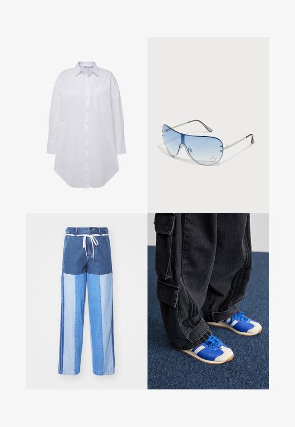 Camisa blanca de botones con cuello, bolsillo simple en el lado izquierdo del pecho, mangas largas con puños de botón y dobladillo curvado. Confeccionada en algodón.; Pantalones de denim azul con un diseño de patchwork en diferentes tonos de azul, cintura con cordón y piernas sueltas de corte recto.; Persona vistiendo pantalones cargo negros holgados y zapatillas azules y blancas, de pie sobre una moqueta azul oscura.; Gafas de sol tipo aviador con lentes azul degradado, montura de metal plateado y acentos decorativos de estrellas en los lentes. Diseño suave y elegante.