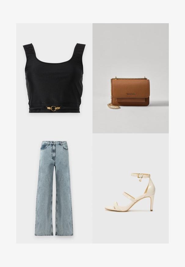 Juodas trumpas viršus, pagamintas iš lygaus audinio, su plačiomis petnešomis, reljefiniu tekstu ant petnešų ir auksinės spalvos apvaliu akcentu juosmens srityje.; Šviesiai mėlynos plačios kojos džinsai, pagaminti iš džinsinio audinio, su aukštu liemeniu, švelniais nusidėvėjimo akcentais ir laisvu sijonu su tiesiomis kojomis.; Šviesiai rudos aukštakulnės sagaus su plona kulkšnies juostele ir dviem viršutinėm juostelėm. Blizgus lakinės odos apdailos ir auksinė detalių apdaila ant kulkšnies juostelės.; Ruda tekstūruota odinė per petį nešama rankinė su auksiniu grandininiu dirželiu ir užlenkiamo užsegimo. Priekinėje pusėje yra logotipo detalė ir kišenė po užlenkimu.