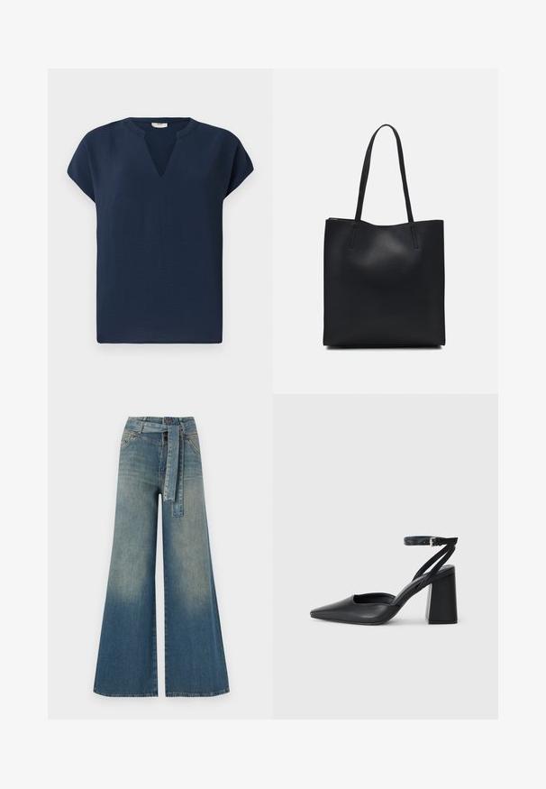 Top azul marino de manga corta con escote en V, hecho de una textura ligera. Presenta un ajuste relajado y un suave drapeado.; Pantalones de mezclilla de pierna ancha con un degradado de azul claro a oscuro, cintura alta, trabillas para cinturón y un cinturón de tela a juego. Acabado de mezclilla texturizada.; Zapato de tacón puntiagudo de cuero negro con tira en el tobillo y tacón ancho. Textura plana, diseño elegante y estética minimalista.; Bolso tote de cuero negro con textura lisa, forma rectangular y dos asas largas. Sin herrajes ni adornos visibles.
