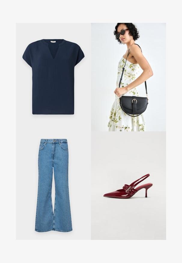 Marineblå kortærmet top med V-formet udskæring, lavet af et let materiale. Har en afslappet pasform og subtil fald.; Lysblå flagrende jeans lavet af denim, med høj talje, fem lommer og en enkelt knaplukning. Blød tekstur med en falmet finish.; Røde patenteret læder slingback hæle med spids tå, to spændebånd og en slank, mellemhøj stiletto hæl. Glat tekstur.; Sort læderhåndtaske med en buet form, aftagelig rem og guldfinish. Tasken har en klap med en spænde detalje.