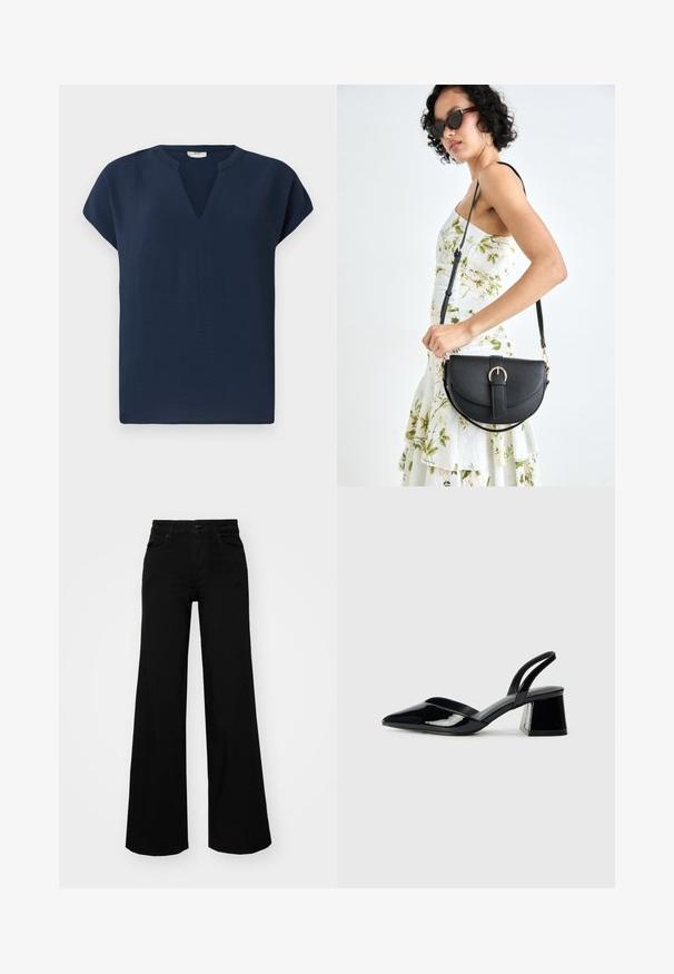 Sotilas sininen lyhythihainen paita, jossa on V-muotoinen kaula-aukko, valmistettu kevyestä kankaasta. Merkitsee rentoa istuvuutta ja hienoista valuuttavaa ilmettä.; Musta leveälahkeinen farkkupanta, jossa on rakenteellinen vyötärö, vyölenkit ja etutaskut. Sujuva rakenne klassisella muotoilulla.; Mustat patentoitu nahkakengät, joissa on säären takaosa ja terävä kärki, sekä geometrinen palikkakorko. Sisältää tyylikkään, minimalistisen muotoilun ja sileän pinnan.; Musta nahkainen käsilaukku, joka on kaareva muotoilultaan, irrotettavalla hihnalla ja kultaisilla yksityiskohdilla. Laukussa on läppä, jossa on solk yksityiskohta.