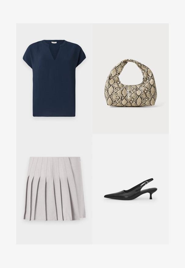 Top blu navy a maniche corte con scollatura a V, realizzato in un tessuto leggero. Presenta una vestibilità rilassata e una leggera caduta.; Gonna pieghettata grigia con una texture liscia, caratterizzata da molteplici pieghe verticali e una vita aderente. Realizzata in un tessuto leggero.; Scarpa slingback nera in pelle con punta affusolata e tacco sottile e curvato. Presenta una discreta fascia regolabile con una fibbia in metallo.; Borsa a stampa rettile con manico curvo. Realizzata in materiali testurizzati beige e marroni, presenta un distintivo motivo a rombi.