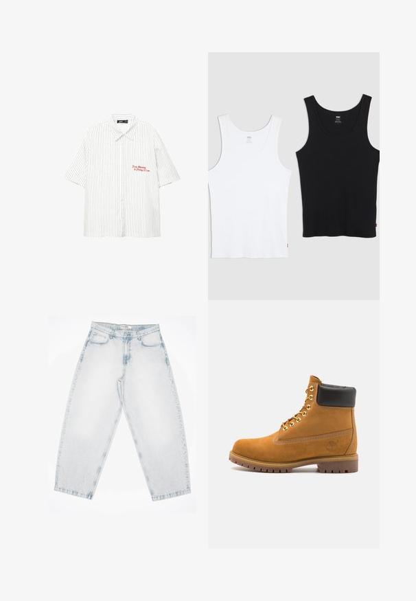 Weißes kurzärmliges Hemd mit vertikalen marineblauen Streifen, Knopfleiste und rotem besticktem Text "Von Montag bis Freitag 17 Uhr."; Zwei Baumwoll-Tanktops, eines weiß und eines schwarz, jeweils mit gerippter Textur, Rundhalsausschnitt und einem kleinen roten Logo am Saum.; Helle blaue Denim-Jeans mit lockerer, baggy Passform. Verfügt über fünf Taschen, Knopfverschluss und genähte Details. Ausgewaschene Textur und gerade Beine.; Beige Wildleder-Ankle-Boot mit schwarzem gepolstertem Kragen, goldenen Metallösen, weißen Nähdetalben und einer robusten Gummisohle mit ausgeprägtem Profil.