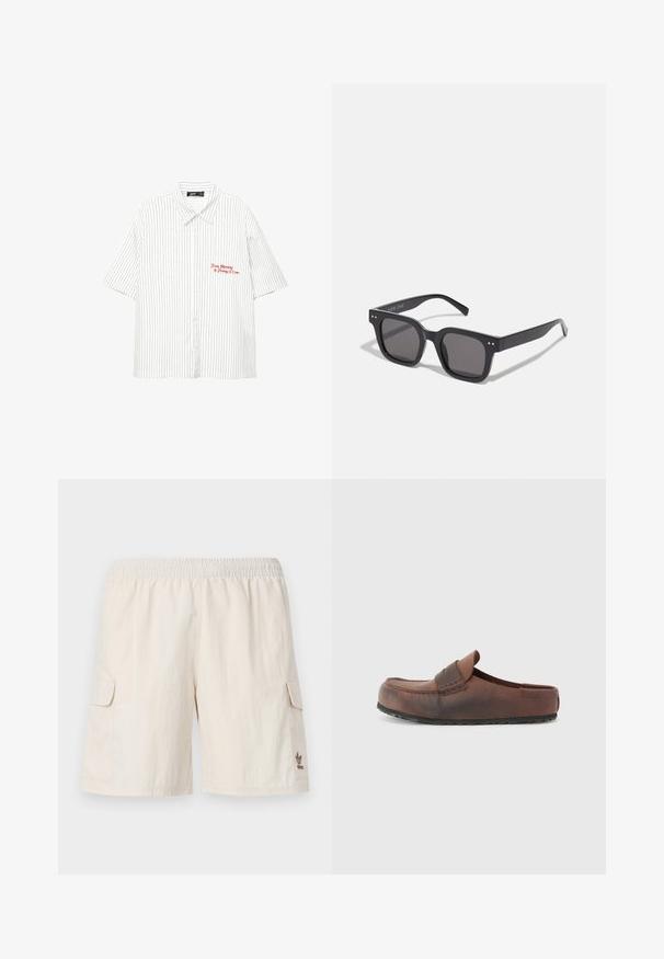 Witte kortemouwen shirt met verticale marineblauwe strepen, knoopsluiting aan de voorkant en rode geborduurde tekst met de tekst "Van maandag tot vrijdag 17.00 uur."; Beige cargoshorts met een elastische tailleband, twee zijzakken en een klein logo aan de onderzijde rechts. Glad, lichtgewicht materiaal.; Bruine leren instapschoen met een ronde neus, decoratieve stiksels en een gestructureerde rubberen zool. Eenvoudig ontwerp en minimale accenten.; Zwarte rechthoekige zonnebril met donkere lenzen, voorzien van een dik montuur, subtiele accenten aan de zijkanten en zonder zichtbare logo's behalve de merknaam.