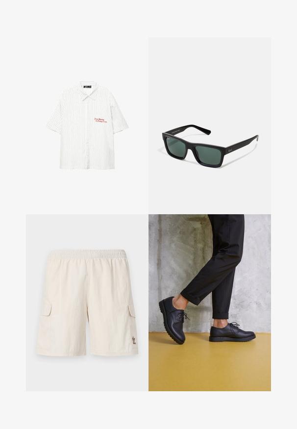 Bílá košile s krátkým rukávem, s vertikálními námořnickými pruhy, zapínání na knoflíky a červený vyšitý text "Od pondělí do pátku v 17:00."; Béžové cargo šortky s elastickým pasem, dvěma bočními kapsami a malým logem v dolním pravém rohu. Hladká, lehká tkanina.; Černé kožené šněrovací boty s kulatou špičkou, texturovaným povrchem a silnou gumovou podrážkou. Nosené s ohrnutými černými kalhotami na pozadí z betonu.; Černé obdélníkové sluneční brýle se zelenými skly, s matným povrchem, rovnými nožkami a logem Ray-Ban na boční straně.